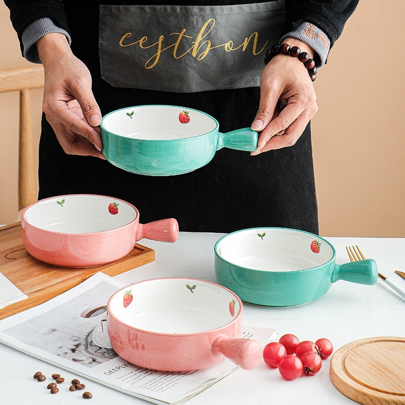 Hand Painted Strawberry Handle Ceramic Baking Bowl