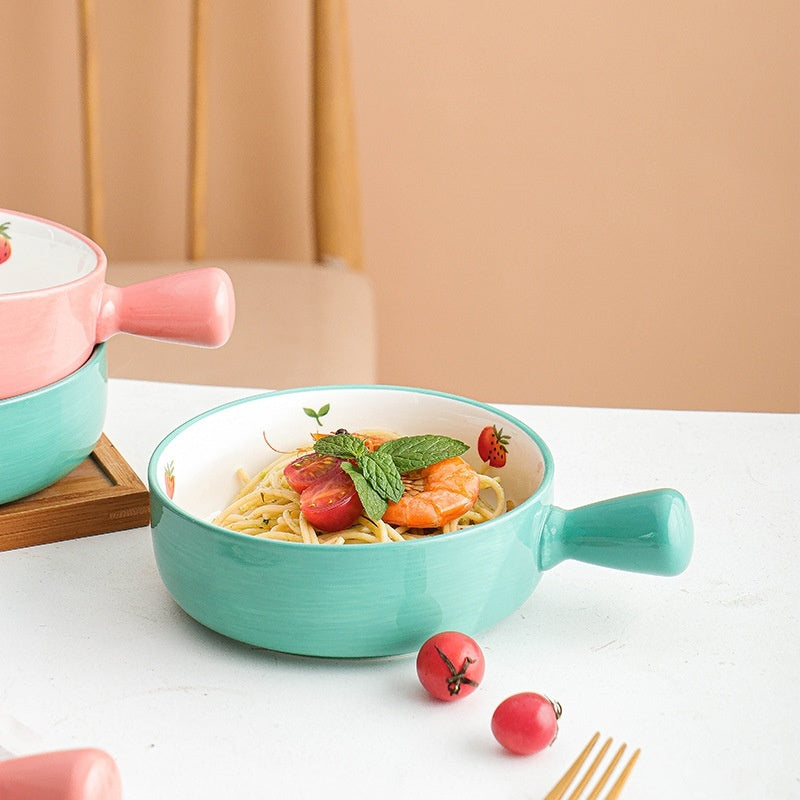 Hand Painted Strawberry Handle Ceramic Baking Bowl