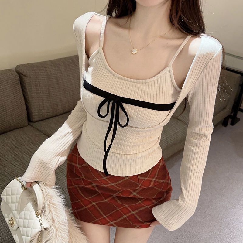 Damen Langarm Top Schleife Hosenträger Weste Bottoming Shirt