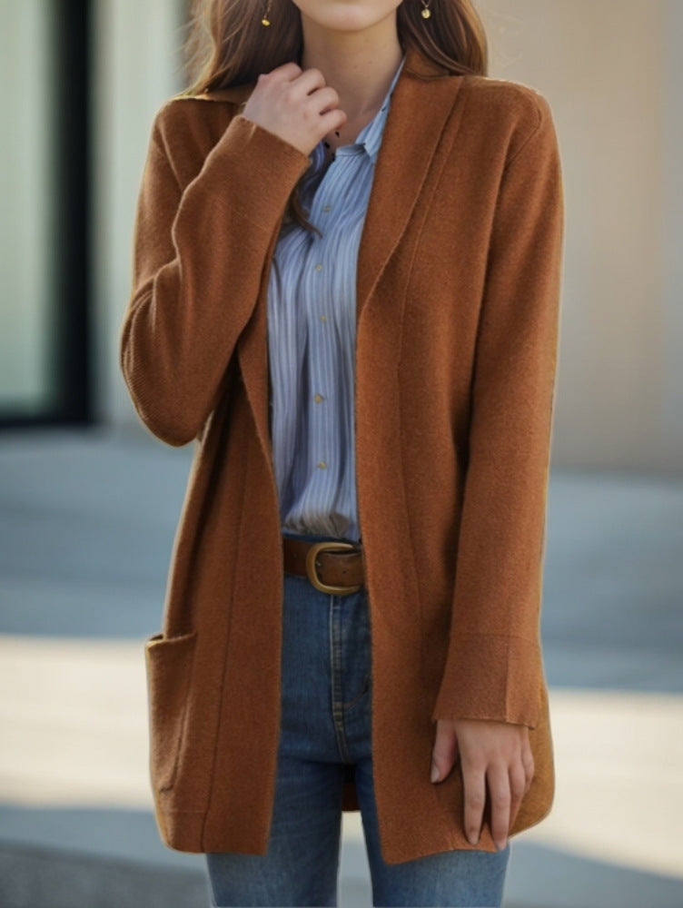 Neu Polo Kragen Einfarbig Langen ärmeln Strickjacke Lose Taschen Pullover Mantel Für Frauen