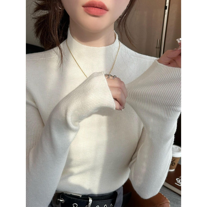 Inner High-grade Gray Mock Neck Sweater Mid-collar Knitted Top