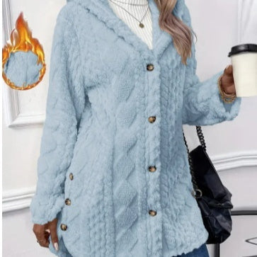 Strickjacke mit Kapuze und Knopf, lange Jacke, Winter, einfarbig, langärmelig