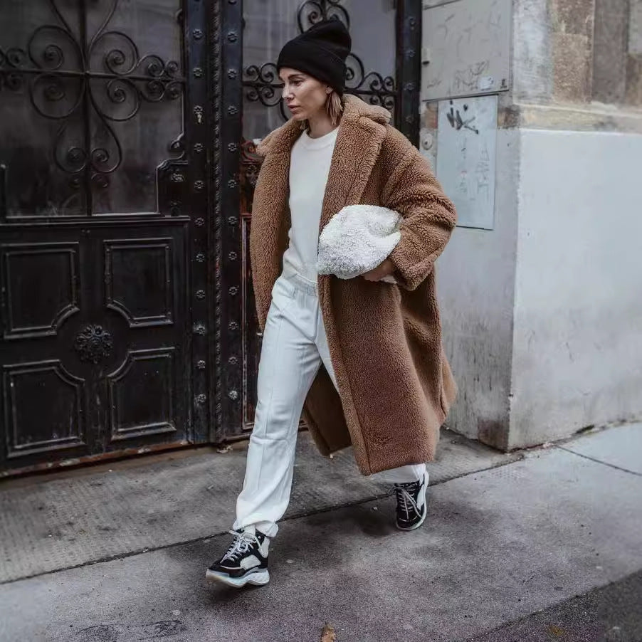 Teddybärmantel Lammfell Warmer, verdickter Plüsch Mittellanger Umweltschutzmantel für Damen