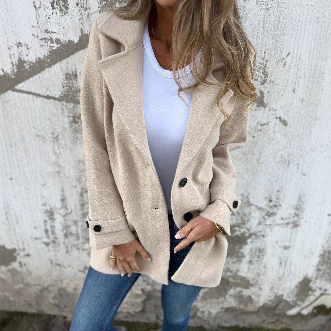 Damen Wollmantel Lässiger lockerer Revers Faux-Tasche Cardigan Wollmantel