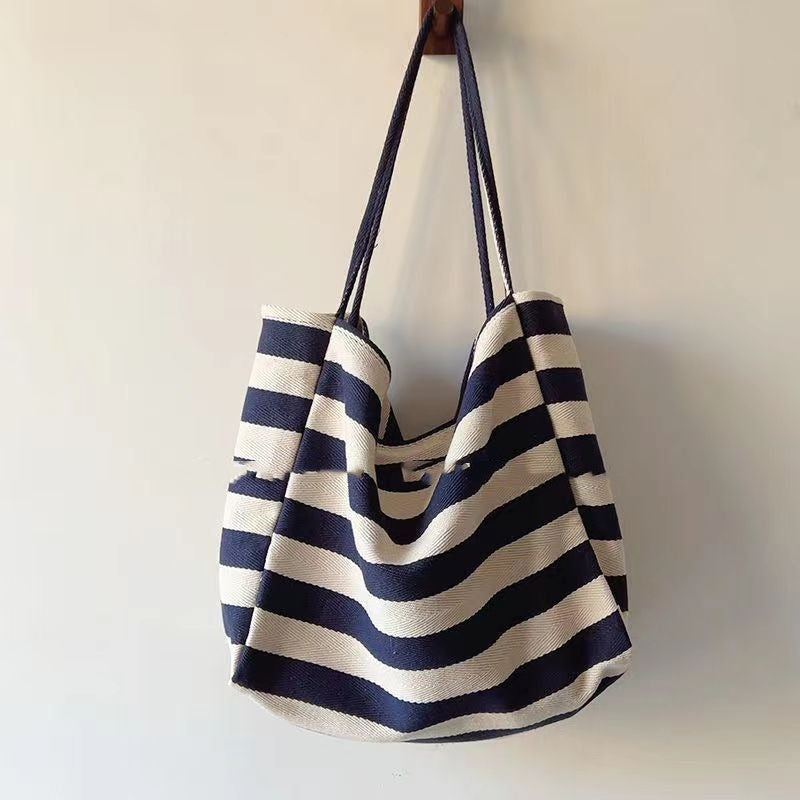 Ins Künstlerische Kontrast Farbe Gestreiften Canvas Tasche Große Kapazität