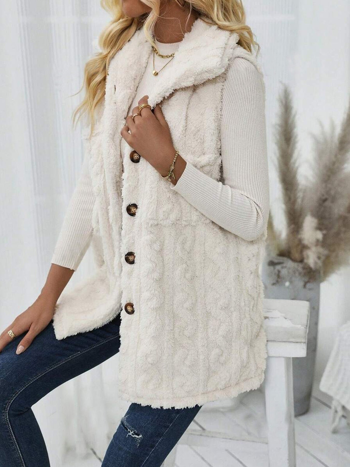 Doppelseitige Plüschtasche Cardigan Revers Weste Freizeitjacke