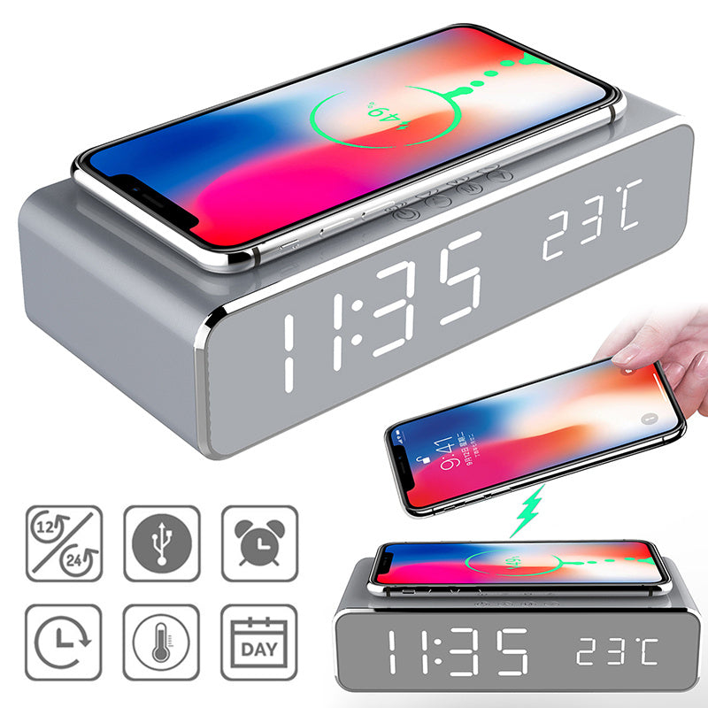 LED Elektrischer Wecker Mit Drahtlosem Ladegerät Desktop Digital Despertador Thermometer Uhr HD Spiegel Uhr Uhr Tisch Dekor