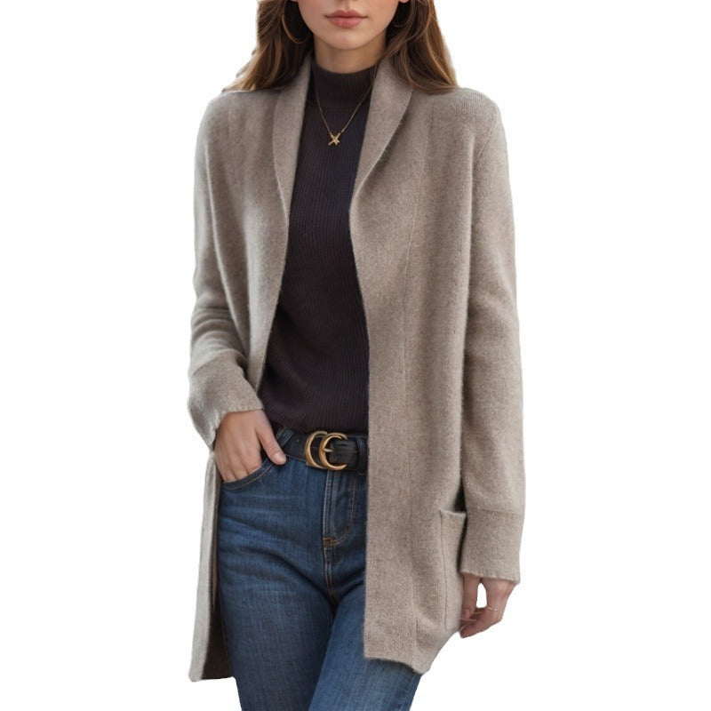 Neu Polo Kragen Einfarbig Langen ärmeln Strickjacke Lose Taschen Pullover Mantel Für Frauen