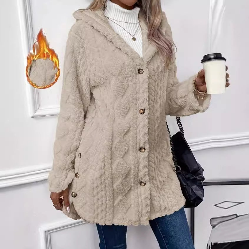 Strickjacke mit Kapuze und Knopf, lange Jacke, Winter, einfarbig, langärmelig