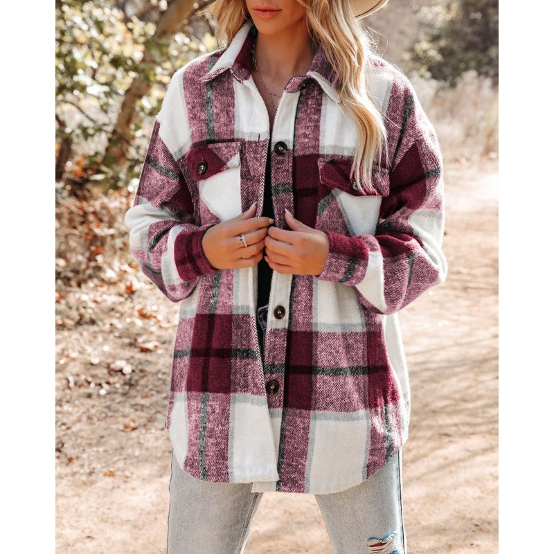 Kaschmir Langarm Plaid Top Lose Casual Frauen