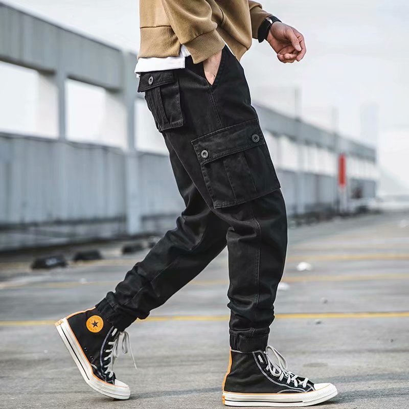 Overalls für Herren im amerikanischen Retro-Stil, lässig, lockere, verkürzte Hose, mehrere Taschen, Knöchelriemen