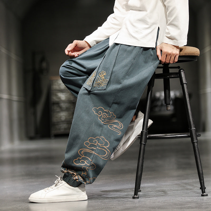 Neu Herrenhose im chinesischen Stil mit Aufdruck, lockere Hose mit weitem Bein, Übergröße