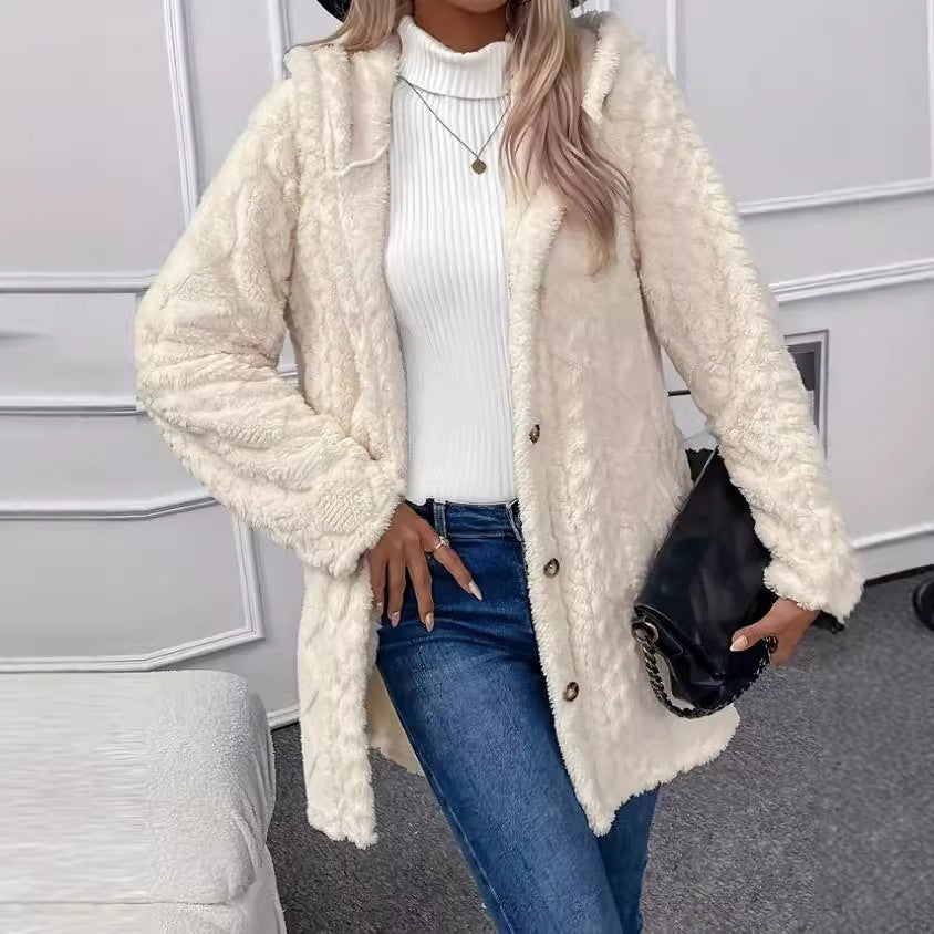 Strickjacke mit Kapuze und Knopf, lange Jacke, Winter, einfarbig, langärmelig