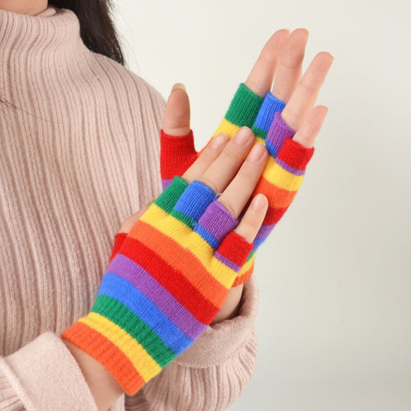 AdultRainbow Striped Gloves Fingerless Half Finger Gloves