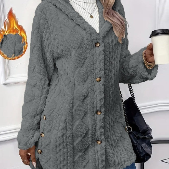 Strickjacke mit Kapuze und Knopf, lange Jacke, Winter, einfarbig, langärmelig