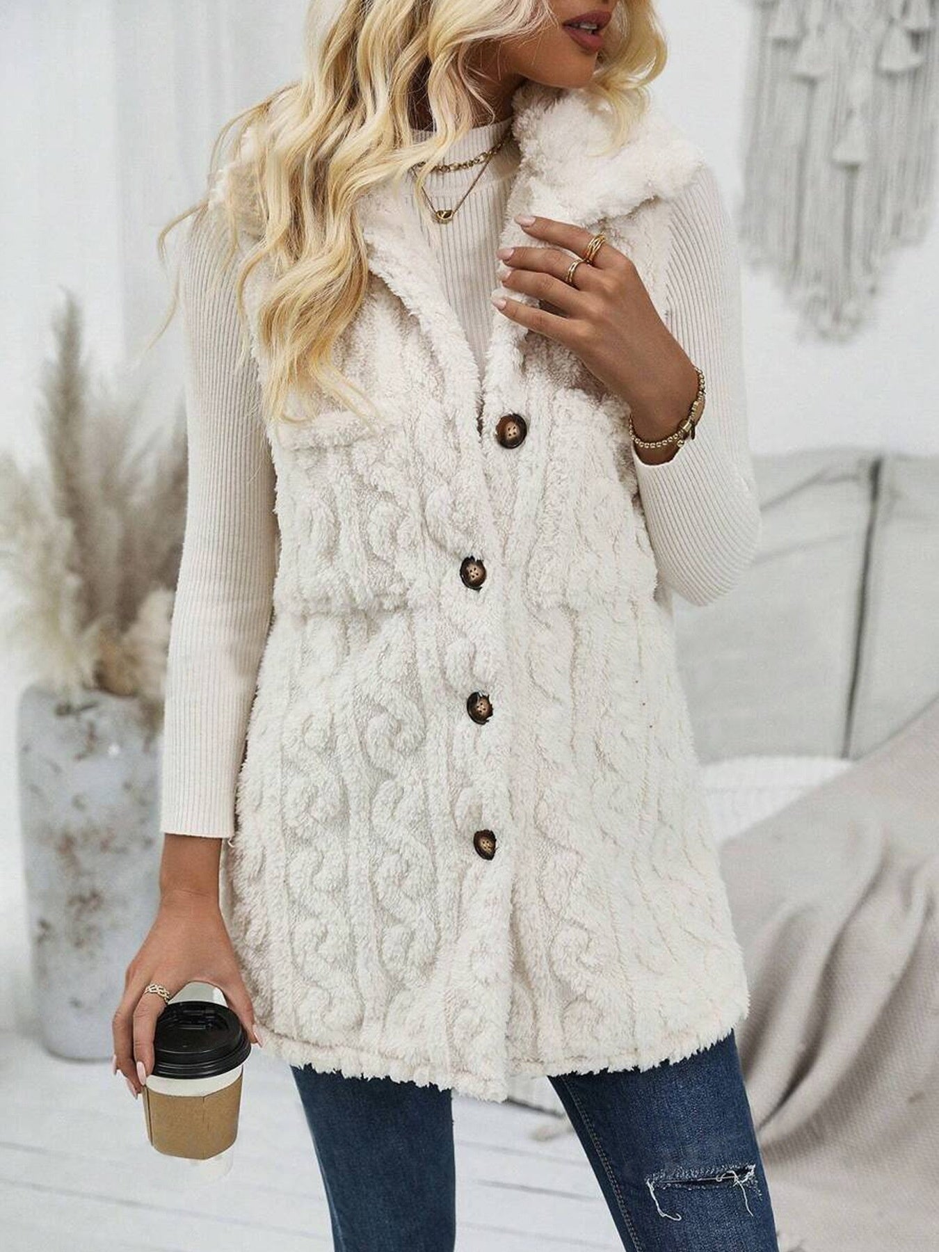 Doppelseitige Plüschtasche Cardigan Revers Weste Freizeitjacke