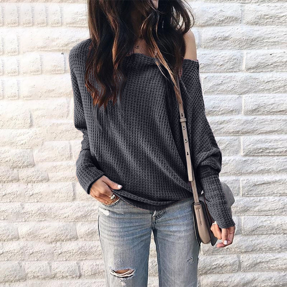 Women's Slanted Collar Strapless Lantern Sleeve T-shirt Bat Top