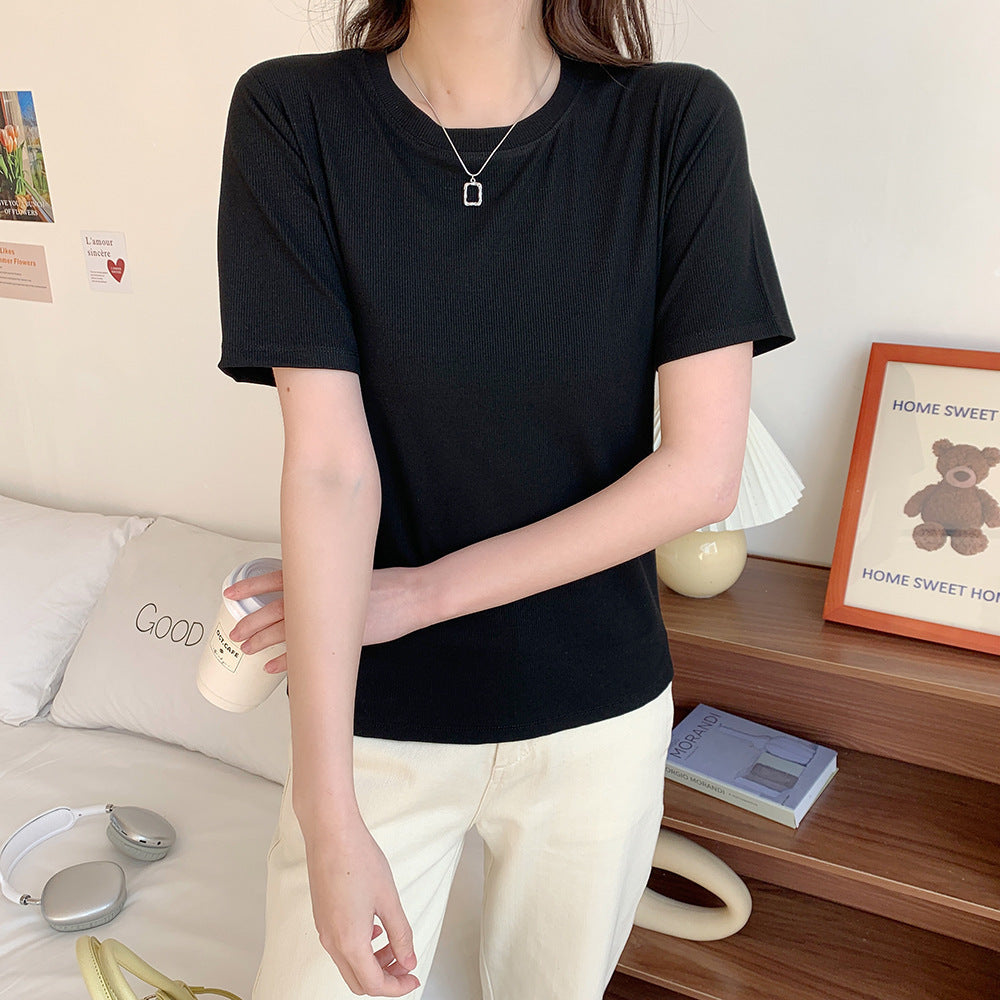 Damen Rundhals Bottoming Shirt Strickoberteil T-Shirt mit kurzen Ärmeln
