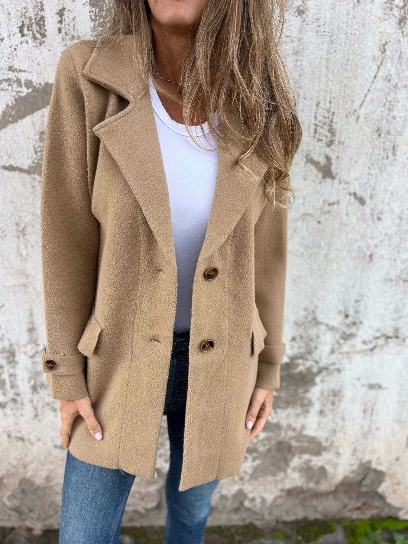 Damen Wollmantel Lässiger lockerer Revers Faux-Tasche Cardigan Wollmantel