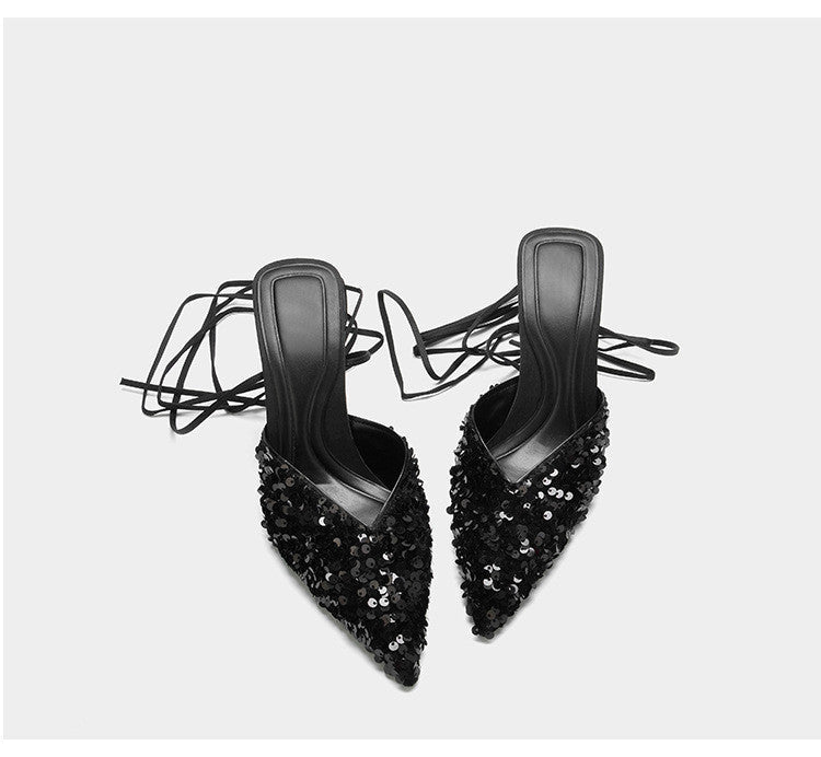 Black Sequined Stiletto Strap Toe Pointed Strappy Toe Shoes