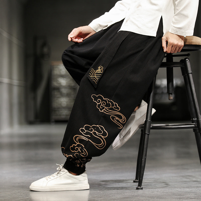 Neu Herrenhose im chinesischen Stil mit Aufdruck, lockere Hose mit weitem Bein, Übergröße