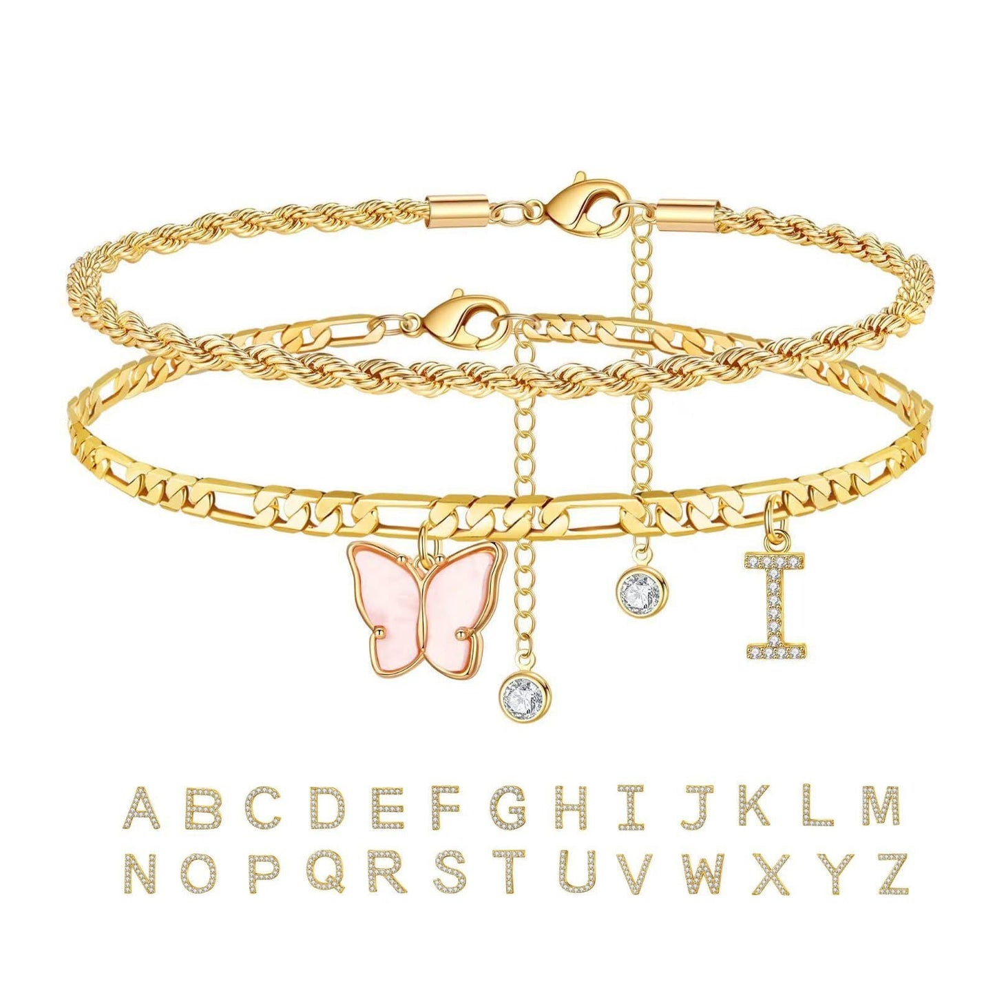 26 Buchstaben Fußschmuck Damen Schmetterling Doppellagig Stapel