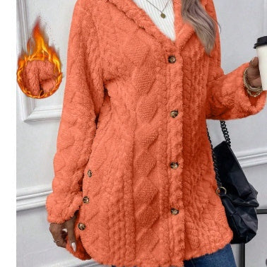 Strickjacke mit Kapuze und Knopf, lange Jacke, Winter, einfarbig, langärmelig