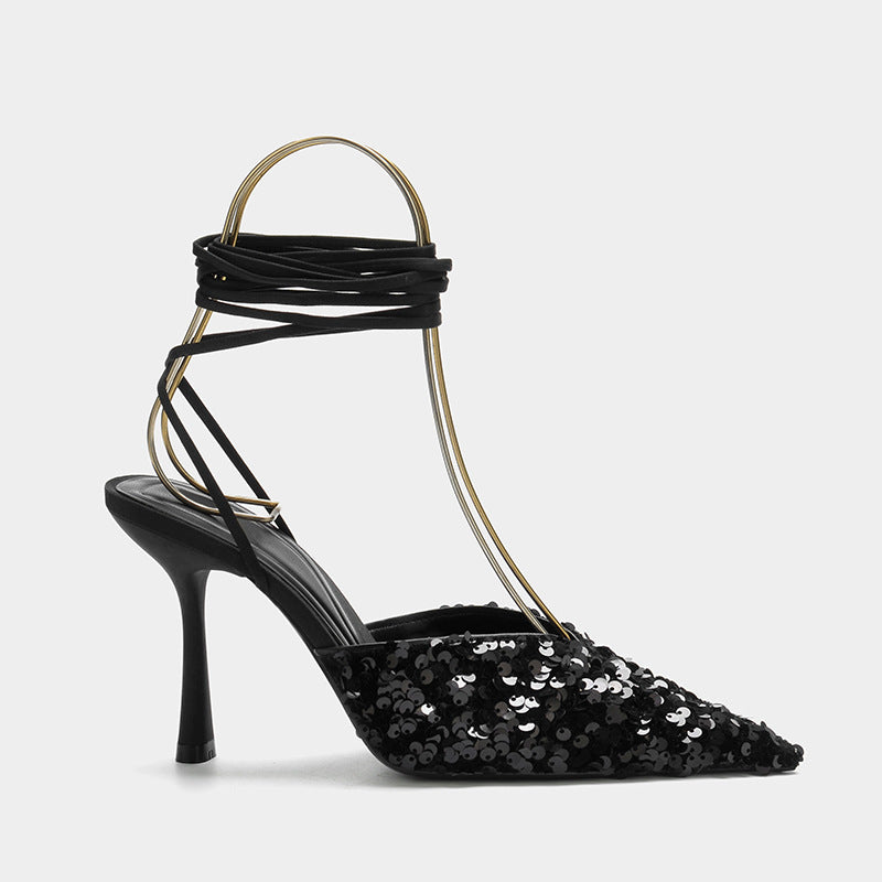 Black Sequined Stiletto Strap Toe Pointed Strappy Toe Shoes