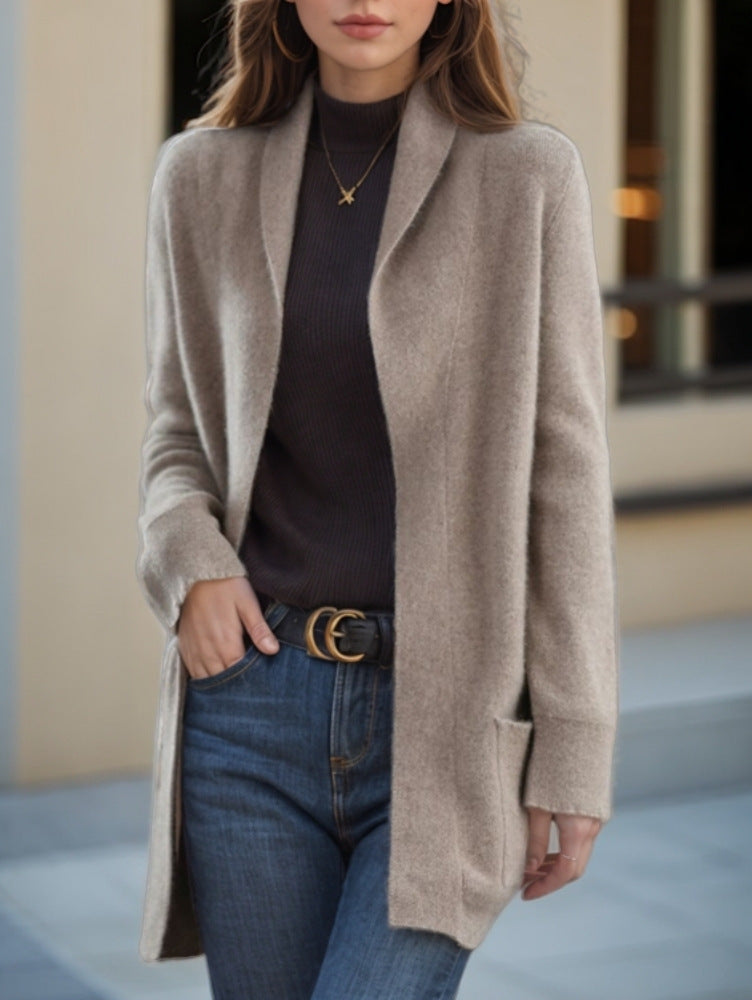 Neu Polo Kragen Einfarbig Langen ärmeln Strickjacke Lose Taschen Pullover Mantel Für Frauen