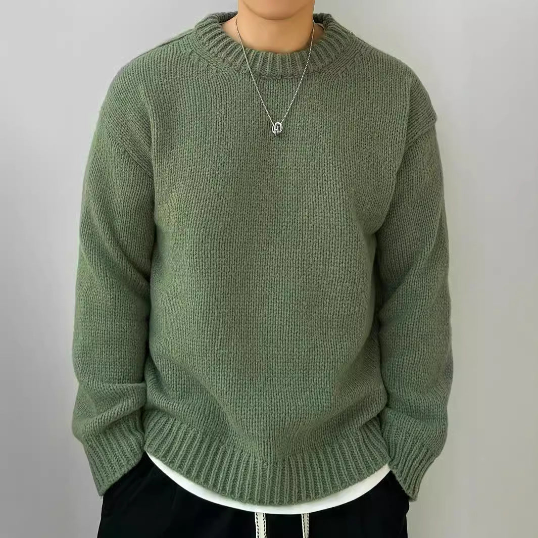 Einfarbiger locker gestrickter Pullover Freizeit im japanischen Stil Retro Langarm Rundhalspullover Herren