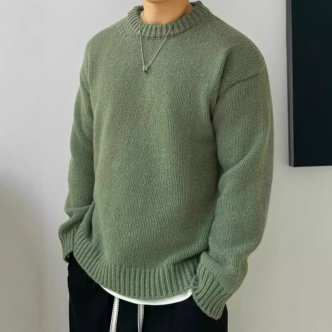 Einfarbiger locker gestrickter Pullover Freizeit im japanischen Stil Retro Langarm Rundhalspullover Herren