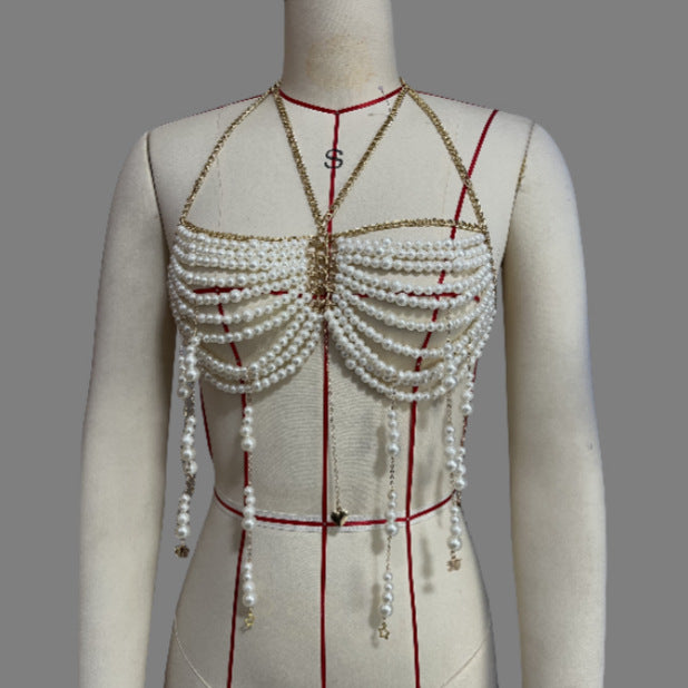 Perlenketten Brustkette Quaste Neckholder Weste Top Körperketten