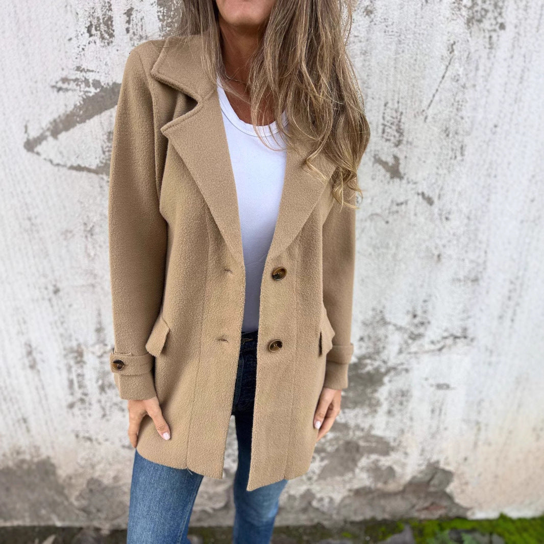 Damen Wollmantel Lässiger lockerer Revers Faux-Tasche Cardigan Wollmantel