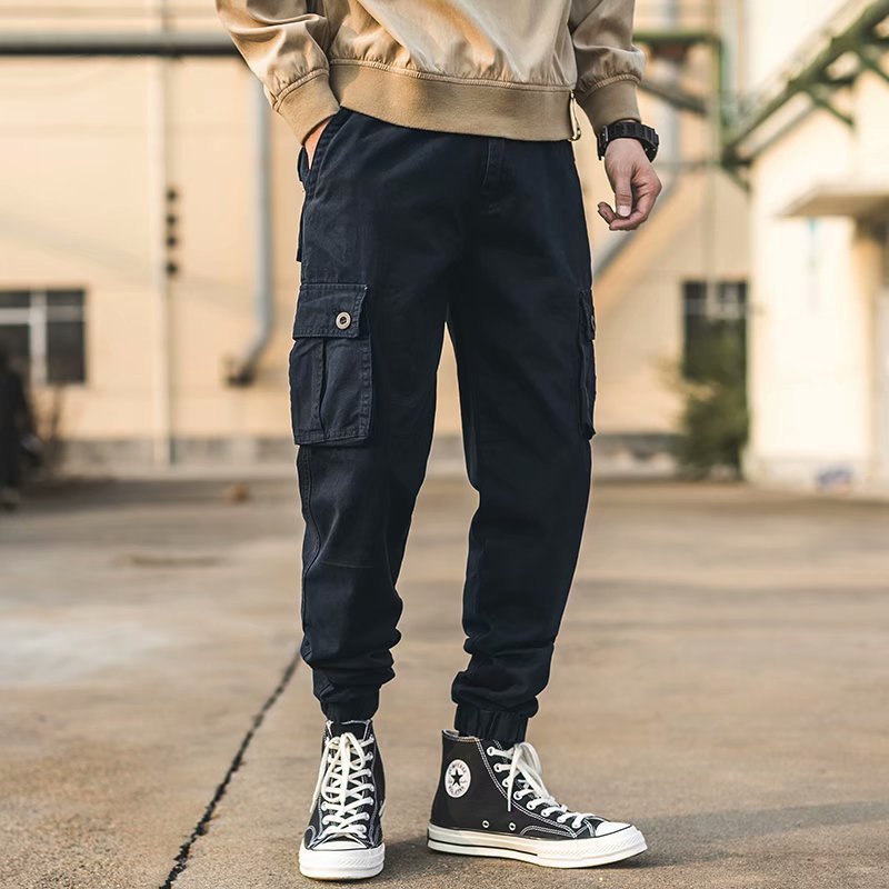 Overalls für Herren im amerikanischen Retro-Stil, lässig, lockere, verkürzte Hose, mehrere Taschen, Knöchelriemen