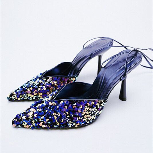 Black Sequined Stiletto Strap Toe Pointed Strappy Toe Shoes