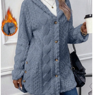 Strickjacke mit Kapuze und Knopf, lange Jacke, Winter, einfarbig, langärmelig