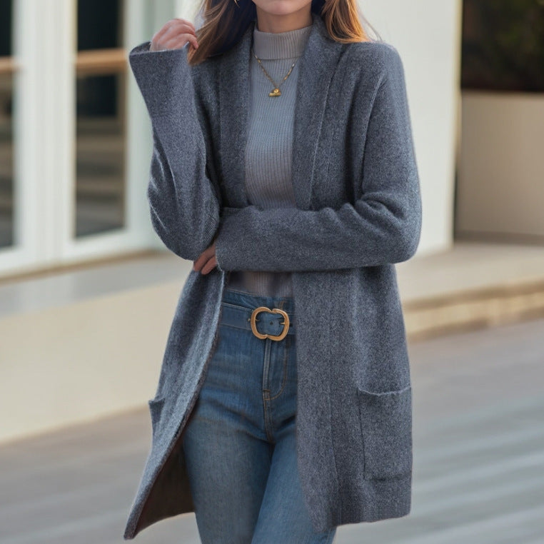 Neu Polo Kragen Einfarbig Langen ärmeln Strickjacke Lose Taschen Pullover Mantel Für Frauen