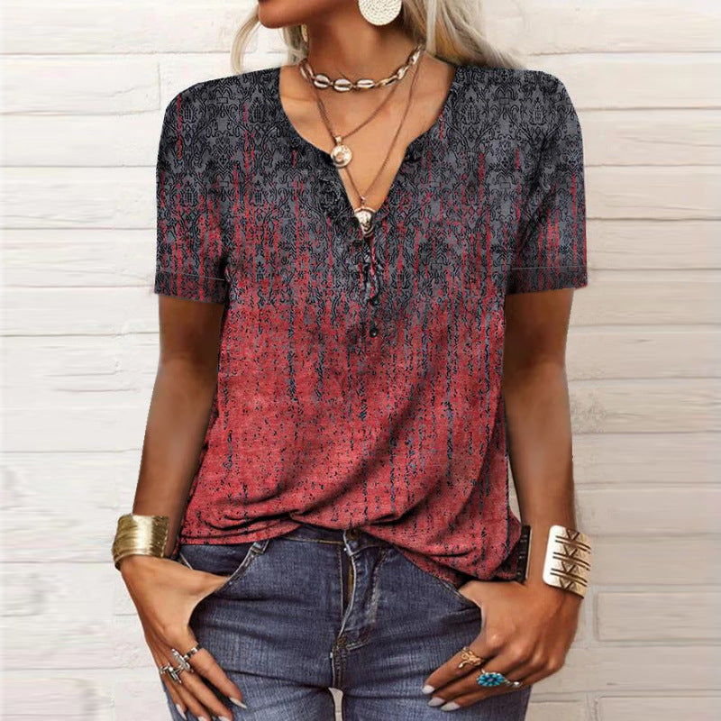 Kurzärmliges, bedrucktes T-Shirt im ethnischen Stil für Damen