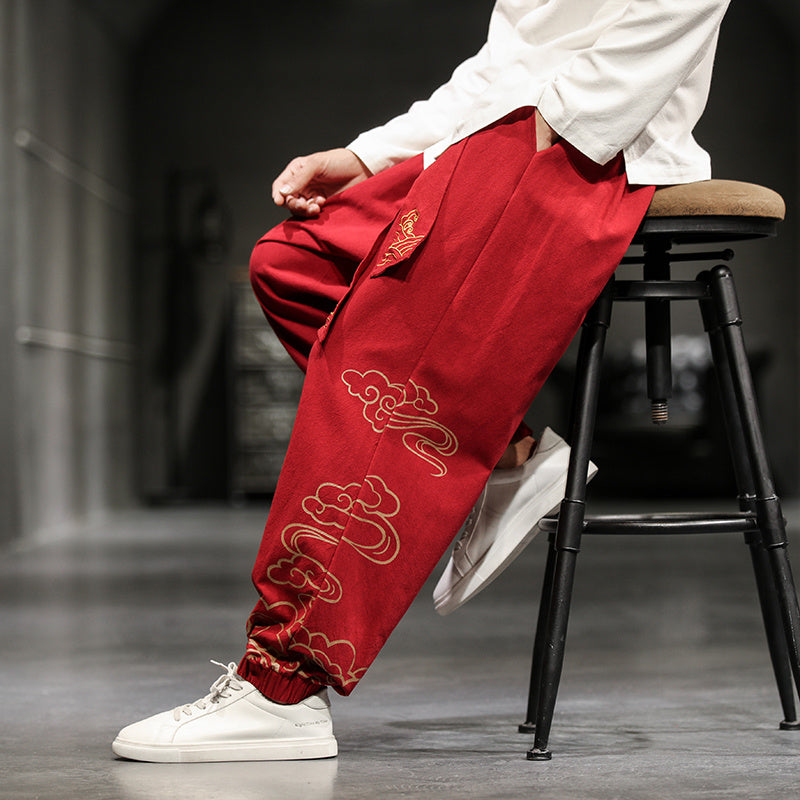 Neu Herrenhose im chinesischen Stil mit Aufdruck, lockere Hose mit weitem Bein, Übergröße