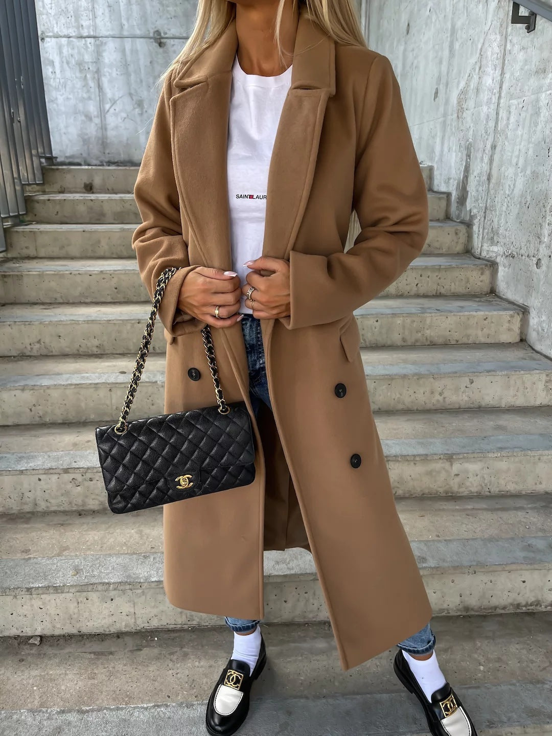 Herbst und Winter Einfachheit Langarm Revers Knopf Split Wollmantel für Frauen