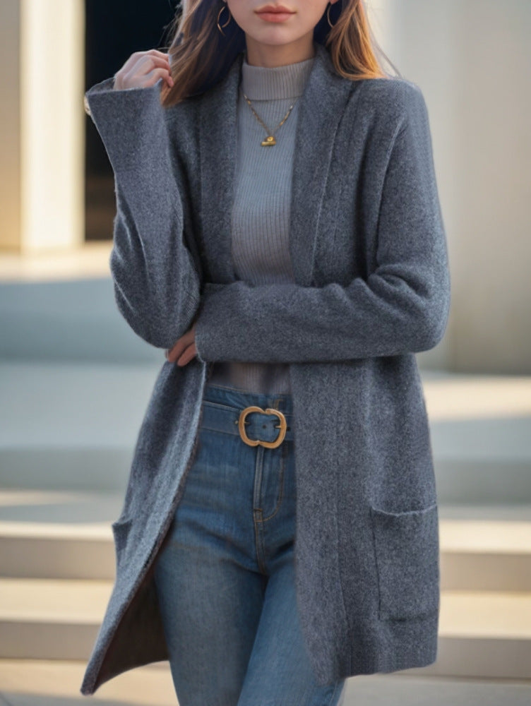 Neu Polo Kragen Einfarbig Langen ärmeln Strickjacke Lose Taschen Pullover Mantel Für Frauen