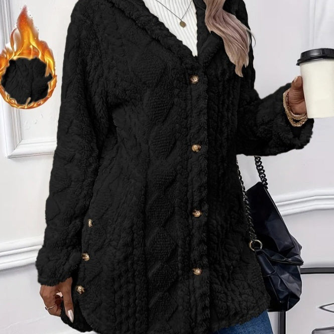 Strickjacke mit Kapuze und Knopf, lange Jacke, Winter, einfarbig, langärmelig