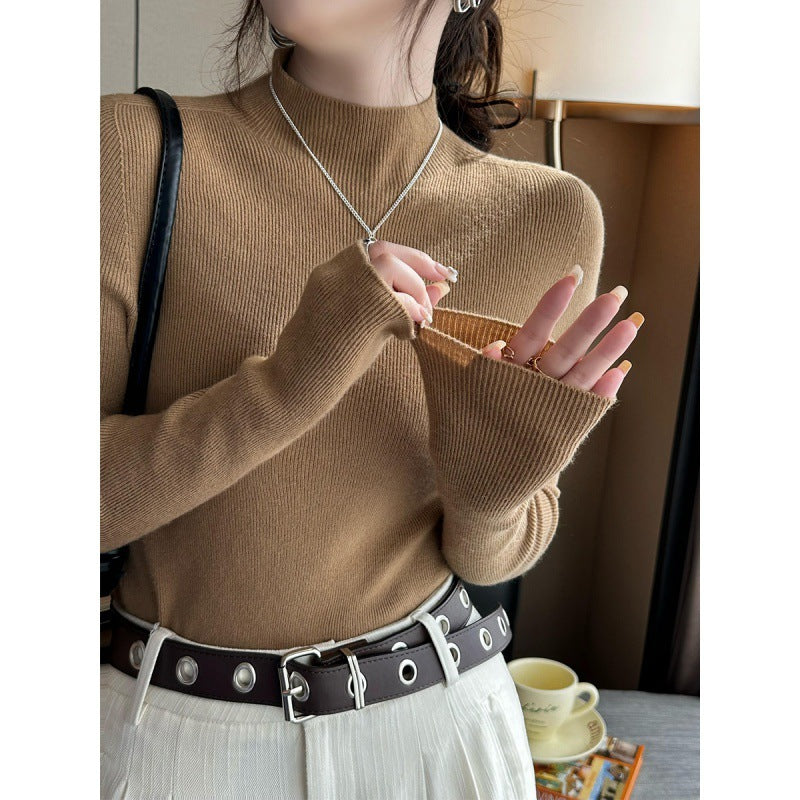 Inner High-grade Gray Mock Neck Sweater Mid-collar Knitted Top