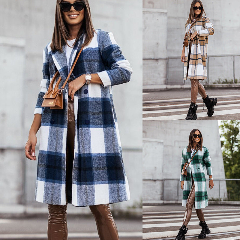 Europäische und amerikanische Herbst-/Wintermode aus gebürstetem, mittellangem, kariertem Wollmantel