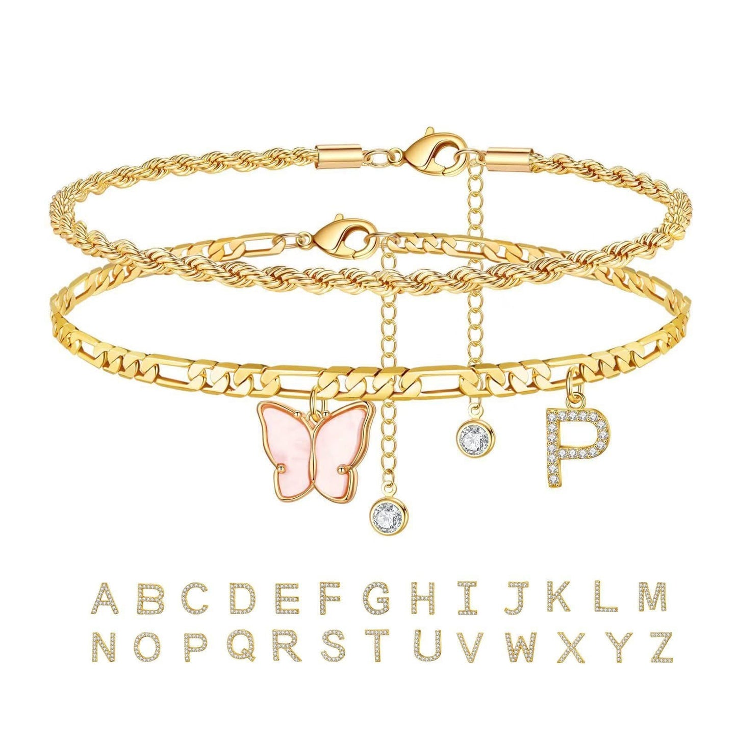 26 Buchstaben Fußschmuck Damen Schmetterling Doppellagig Stapel