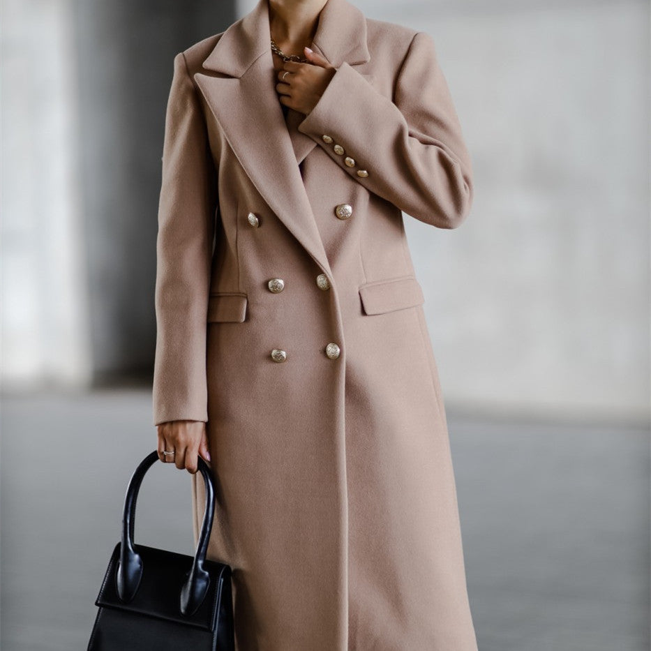 Lange Tweedjacke mit Metallschnalle für Herbst und Winter für Damen