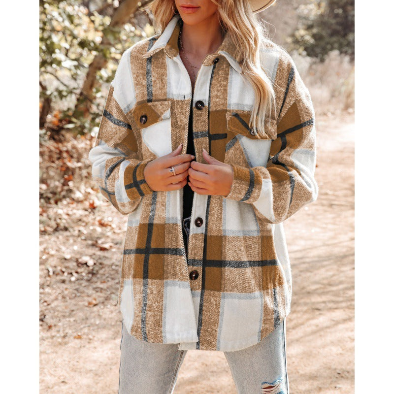 Kaschmir Langarm Plaid Top Lose Casual Frauen