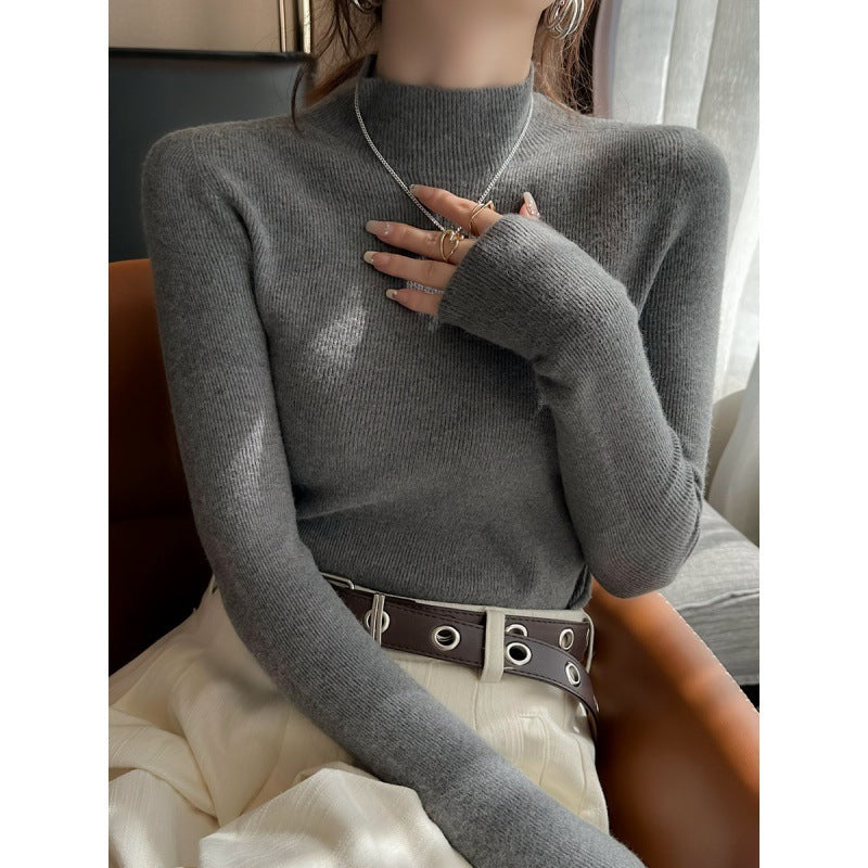 Inner High-grade Gray Mock Neck Sweater Mid-collar Knitted Top