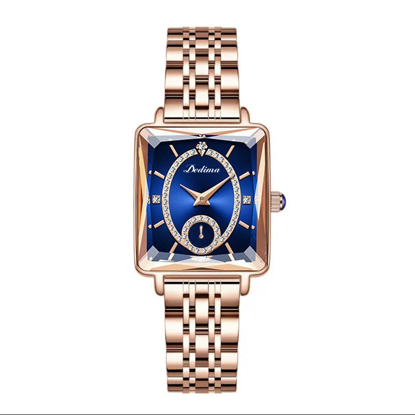 Modische quadratische Damen-Halbuhr mit Diamanten in Roségold mit zwei Stiften