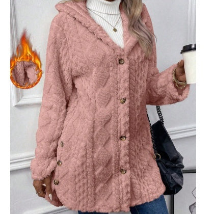 Strickjacke mit Kapuze und Knopf, lange Jacke, Winter, einfarbig, langärmelig